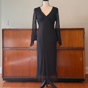 Ice 100% Silk Bodice Lined Polka Dot Dress with Sheer Bell Sleeve and Hem